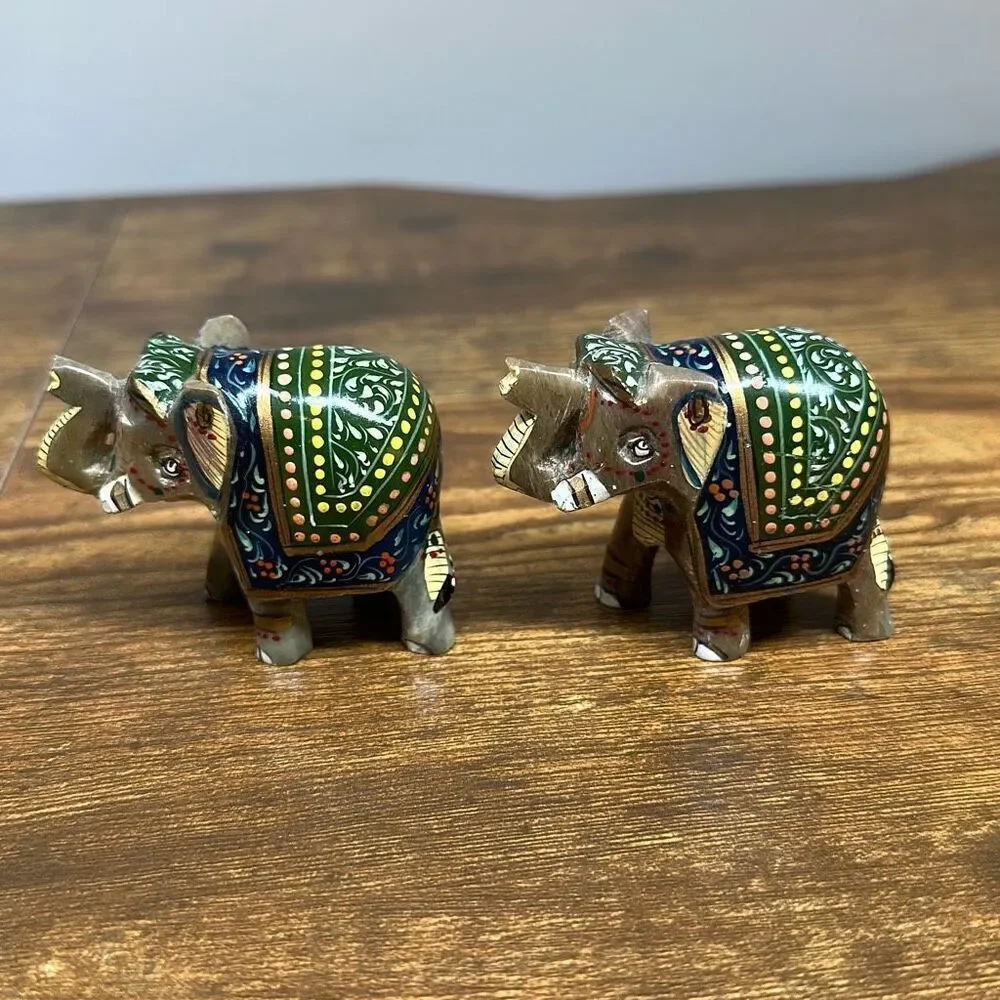 Vtg Hand Carved Painted Marble Stone Elephant Figurine Trunk Up‎ Paper Weight